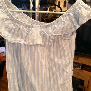 Thread & Supply Light Blue Striped Ruffle Blouse